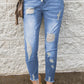 Drawstring Distressed Raw Hem Jeans with Pockets