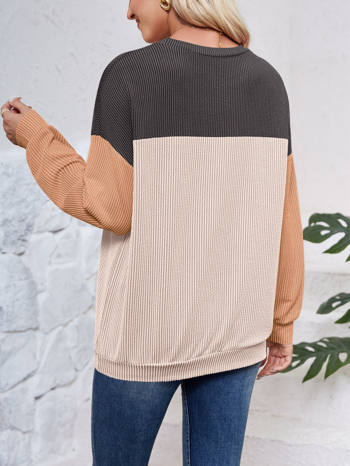 Lovelet Color Block Round Neck Long Sleeve Sweatshirt