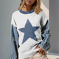 Double Take Full Size Star Pattern Raw Edge Long Sleeve Sweater