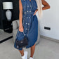 Collared Neck Cap Sleeve Denim Dress