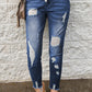 Drawstring Distressed Raw Hem Jeans with Pockets