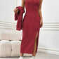 Ribbed Long Sleeve Cropped Cardigan and Slit Cami Dress Set