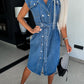 Collared Neck Cap Sleeve Denim Dress