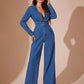 Plunge Long Sleeve Wide Leg Denim Jumpsuit