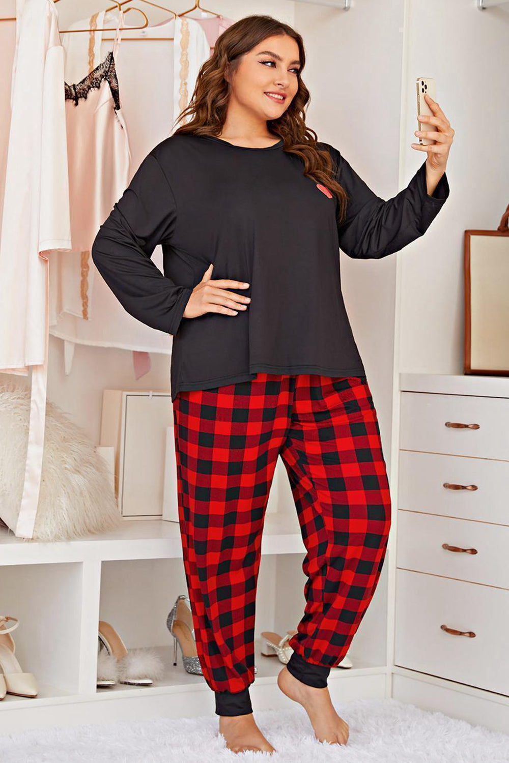 Plus Size Heart Graphic Top and Plaid Joggers Lounge Set PS Legend