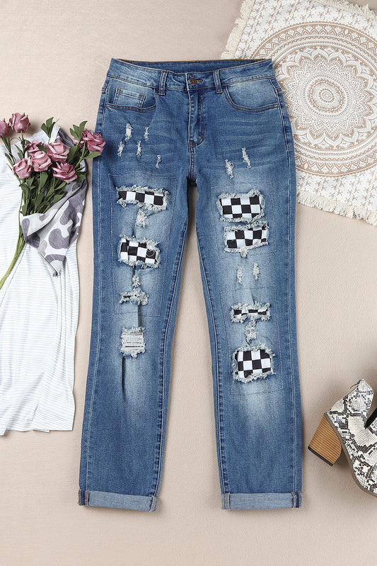 Checkered Patchwork Mid Waist Distressed Jeans