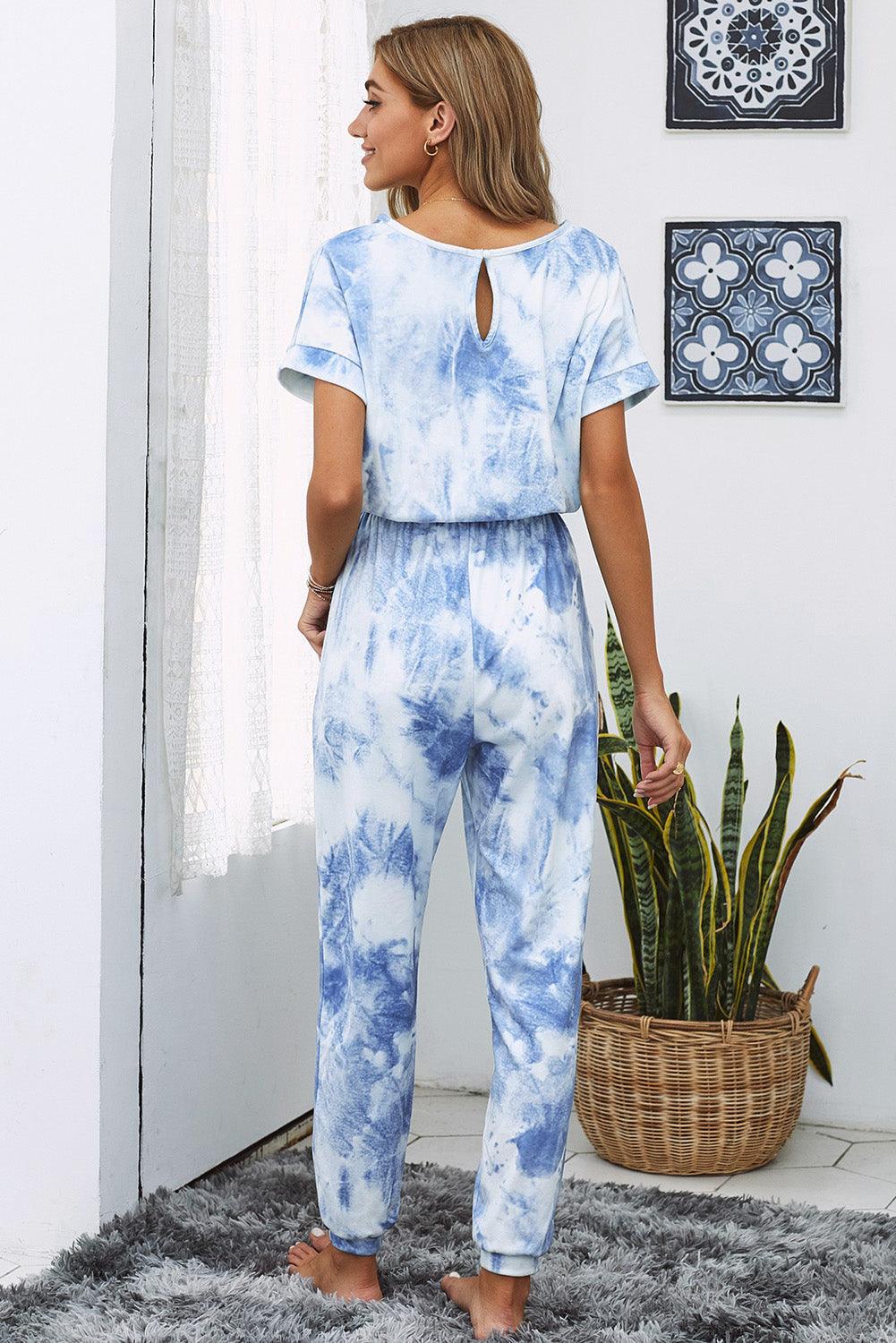 Tie-Dye Short Sleeve Jumpsuit with Pockets