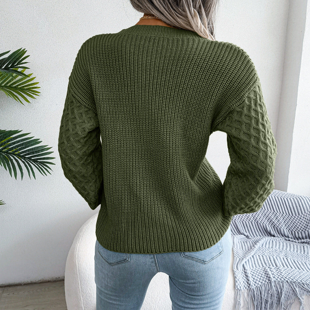 Mixed Knit Round Neck Dropped Shoulder Sweater