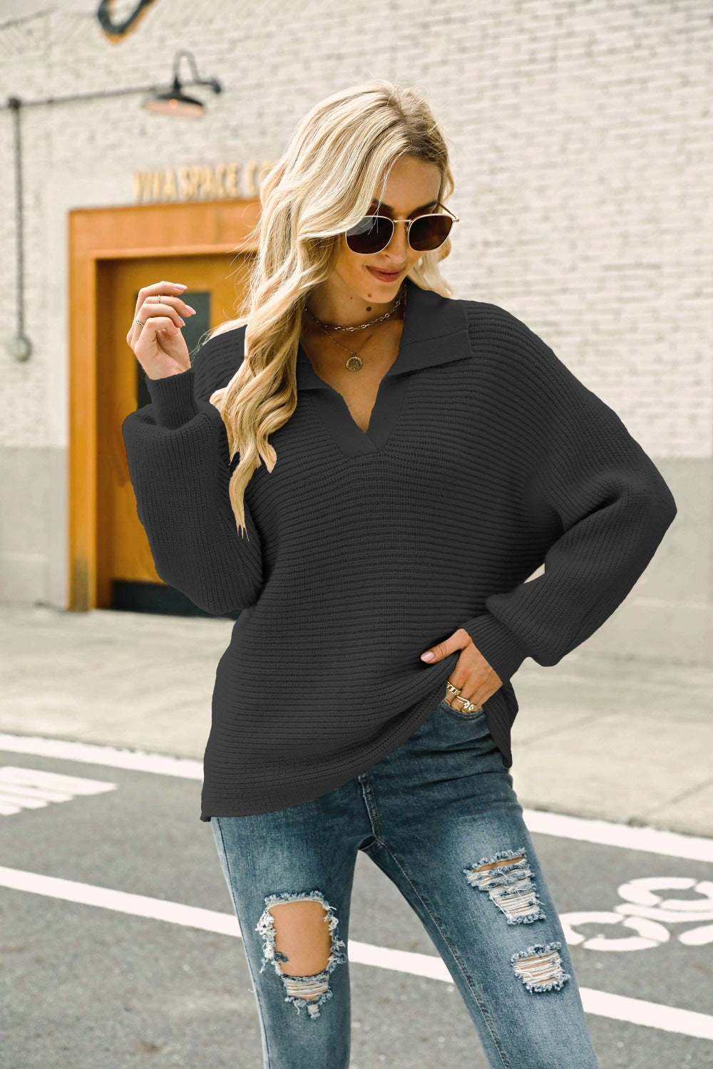 Horizontal Ribbing Johnny Collar Sweater