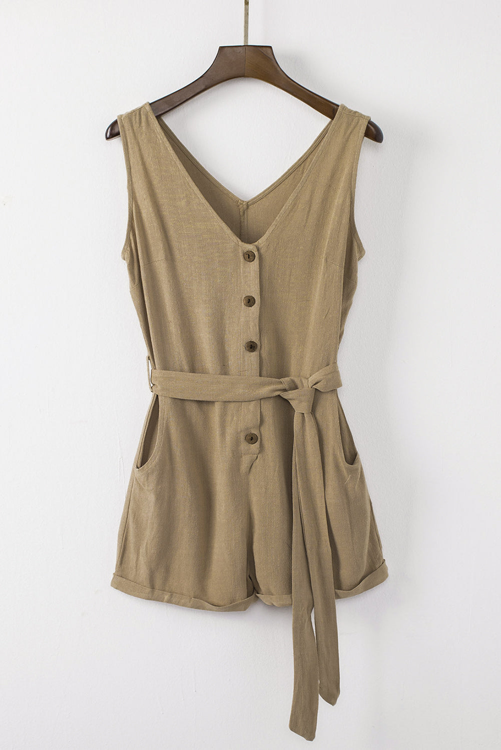 Tie-Waist Buttoned Plunge Sleeveless Romper